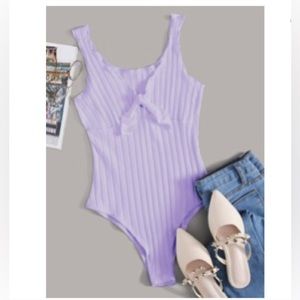 Shein Women’s Lavender Tie Front Lettuce Edge Rib-knit Bodysuit Size XL